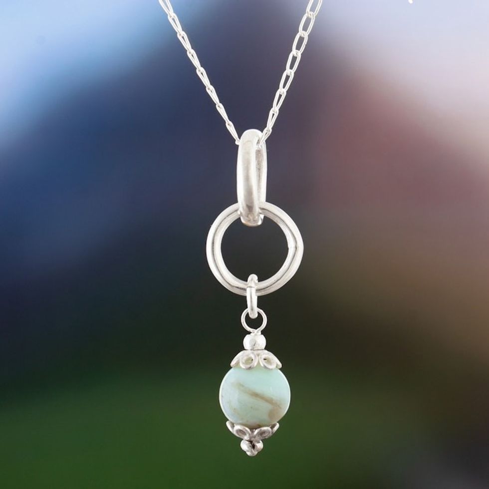 Modern Silver Pendant Necklace with Andean Opal Stone 'Heart of the Andes'