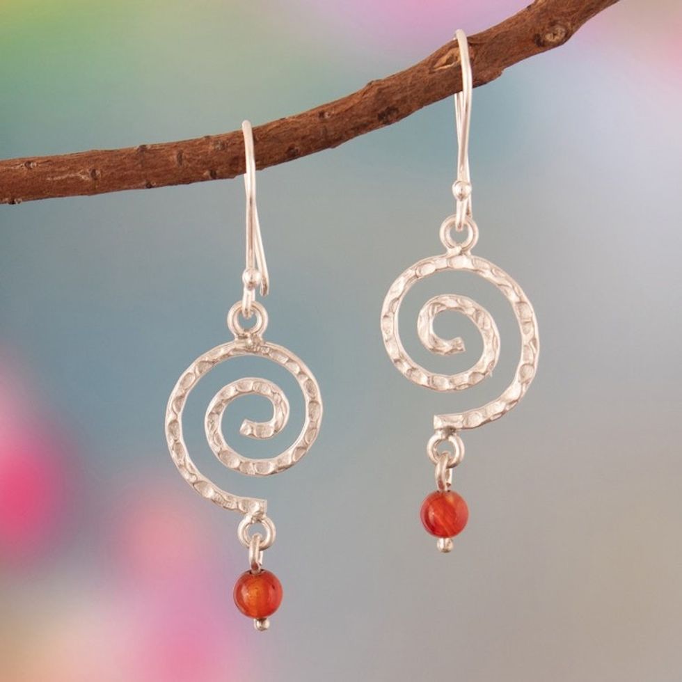 Swirl-Shaped Carnelian and Sterling Silver Dangle Earrings 'Swirling Textures'