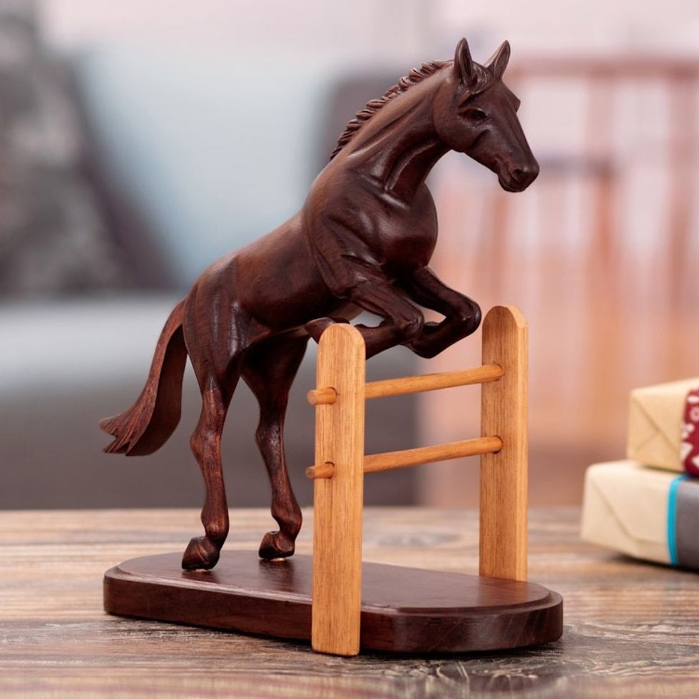 Hand-Carved Show Jumping Horse Cedar Wood Sculpture 'Show Jumping Horse'