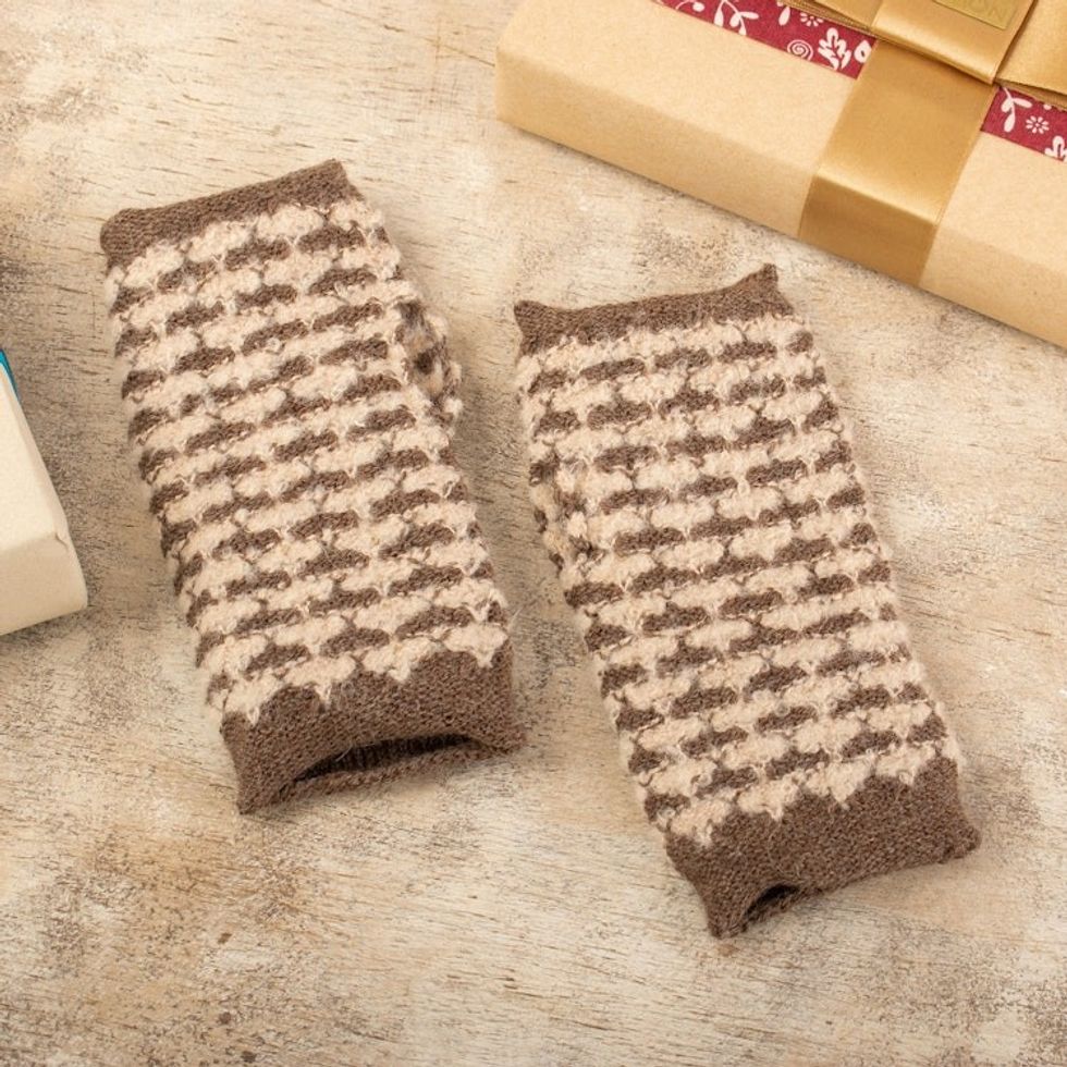 Square-Pattern Ivory and Taupe Alpaca Blend Fingerless Mitts 'Evening Squares'