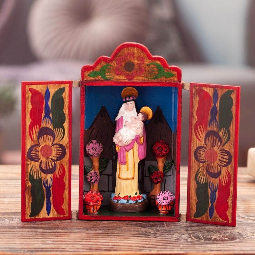Hand-Painted Wood and Ceramic Saint Rose of Lima Retablo 'Saint Rose'