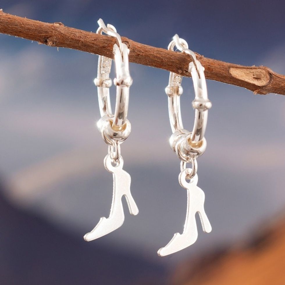 Sterling Silver Hoop Earrings with Dangling Heels 'Glamour Center'