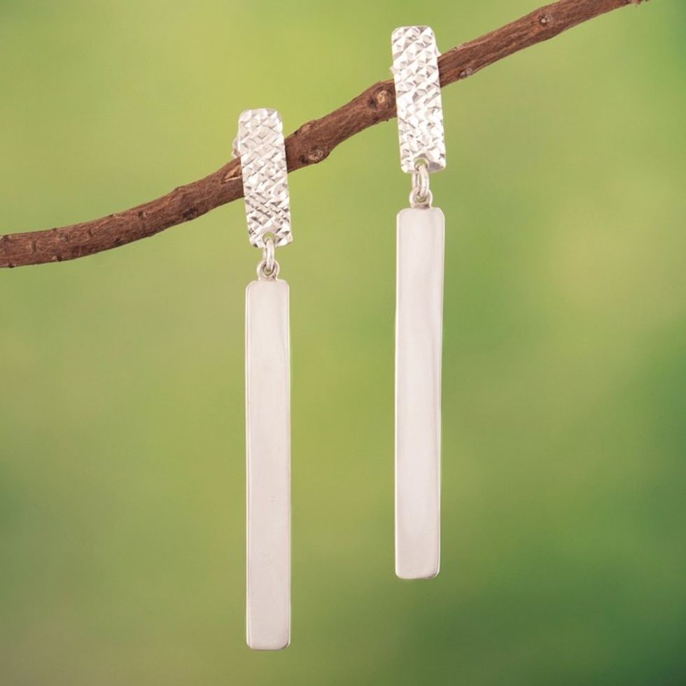 Modern Sterling Silver Dangle Earrings with Textured Finish 'Naturally Stylized'