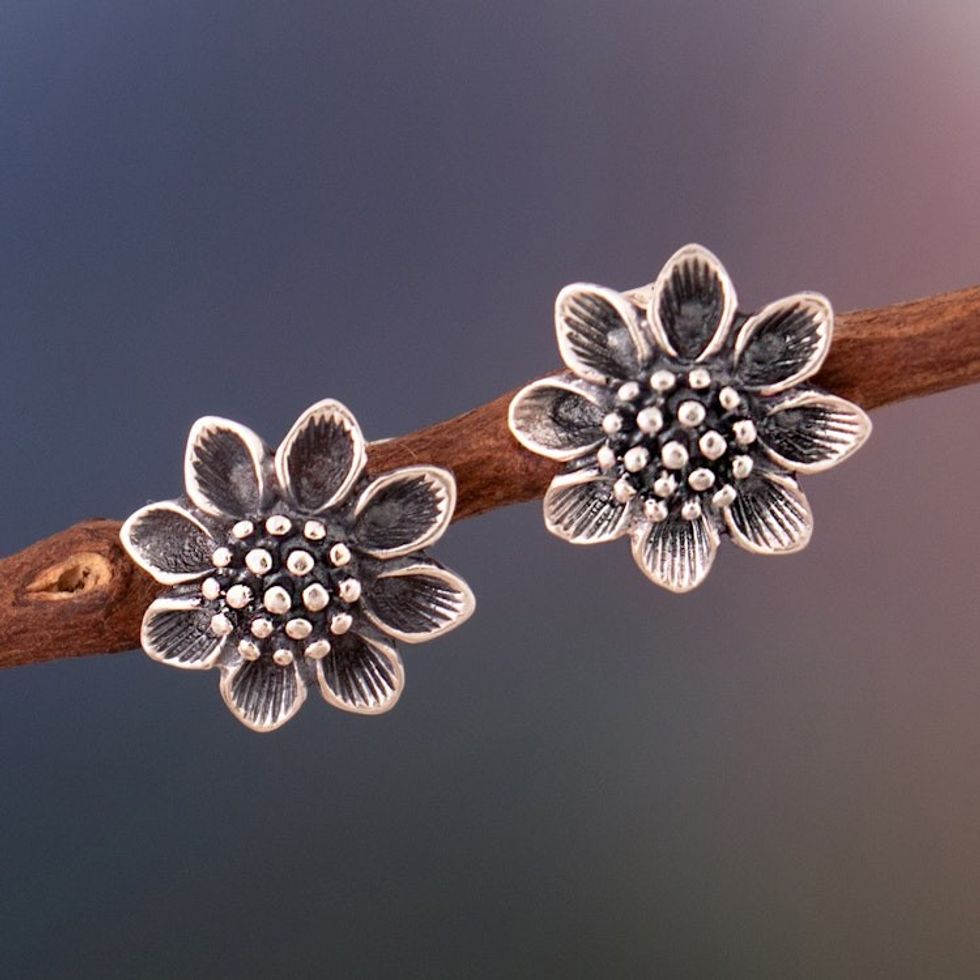 Sunflower-Shaped Oxidized Sterling Silver Button Earrings 'Floral Buttons'