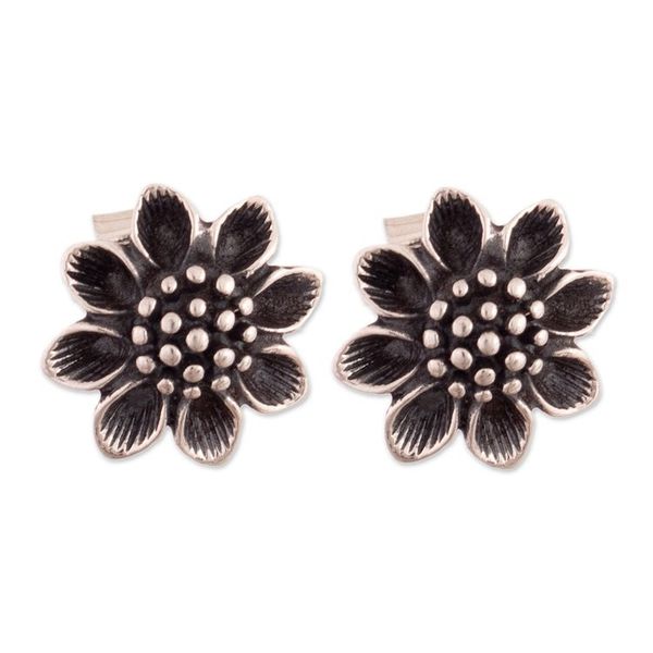 Alternate image for Sunflower-Shaped Oxidized Sterling Silver Button Earrings Floral Buttons