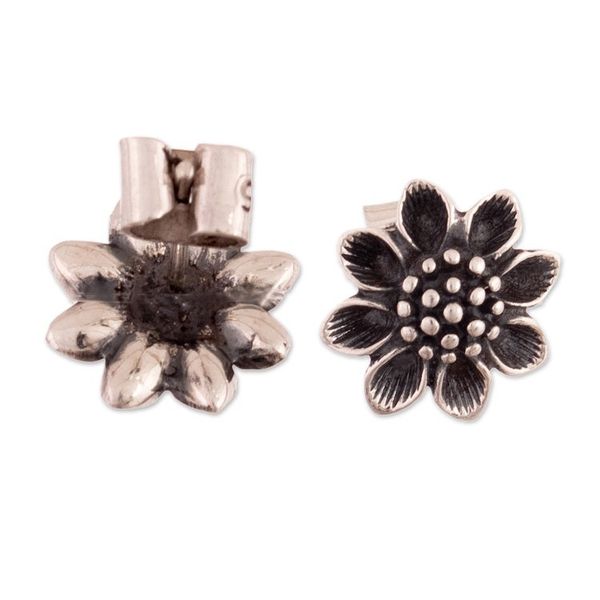 Alternate image for Sunflower-Shaped Oxidized Sterling Silver Button Earrings Floral Buttons