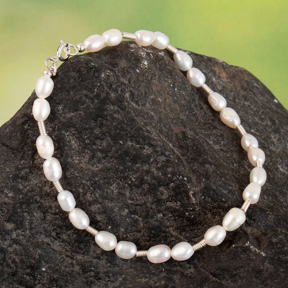 Sterling Silver and Freshwater Cultured Pearls Beaded Anklet 'Under the Mysterious Sea'