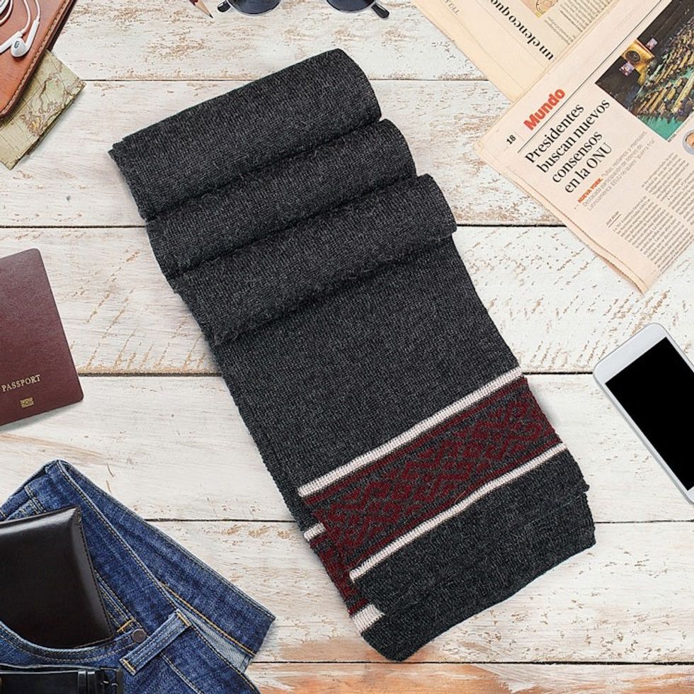 Knit Grey Red White 100 Baby Alpaca Scarf with Inca Motifs 'Andean Life'