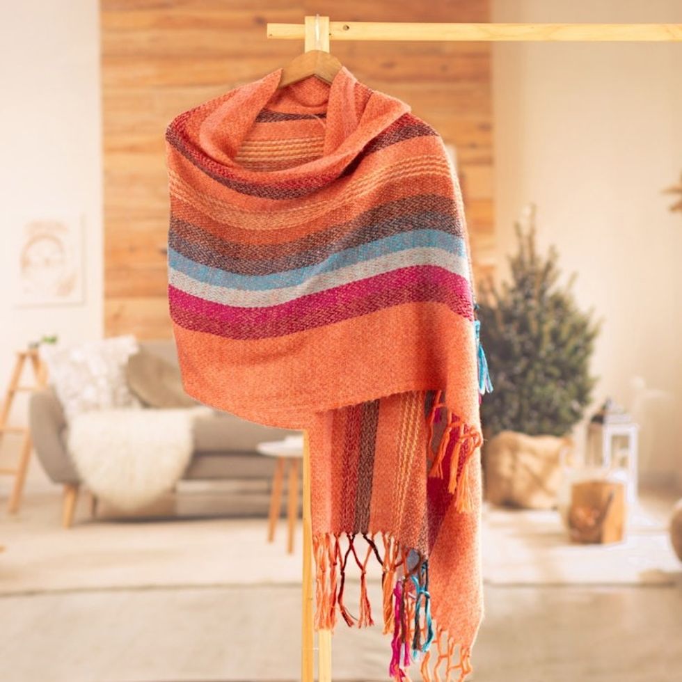 Handwoven Striped Fringed Alpaca Blend Shawl in Salmon 'Amazonian Flowers'