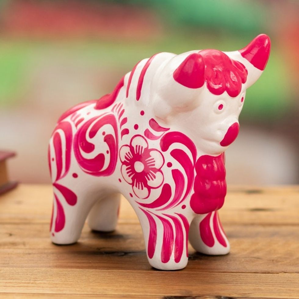 Traditional Floral Pink Ceramic Bull Sculpture from Pucara 'Pucara's Pink Protector'