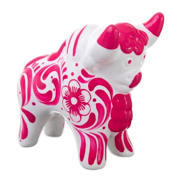 Alternate image for Traditional Floral Pink Ceramic Bull Sculpture from Pucara Pucaras Pink Protector