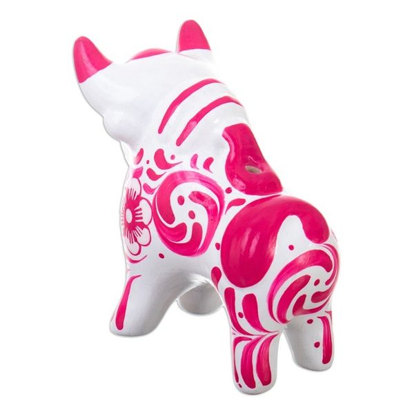 Alternate image for Traditional Floral Pink Ceramic Bull Sculpture from Pucara Pucaras Pink Protector