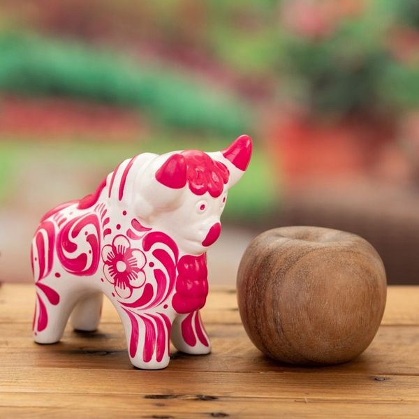 Alternate image for Traditional Floral Pink Ceramic Bull Sculpture from Pucara Pucaras Pink Protector