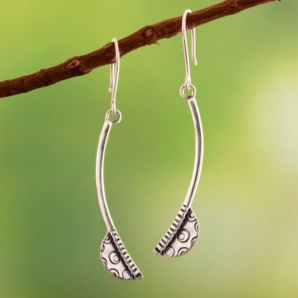 Modern Peruvian Moche Culture Silver Dangle Earrings 'Radiant Relief'