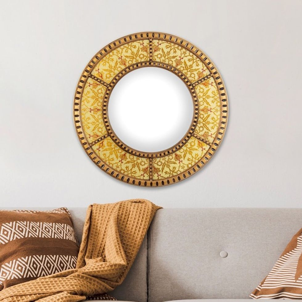 Round Floral Warm-Toned Reverse-Painted Glass Wall Mirror 'Radiant Clarity'