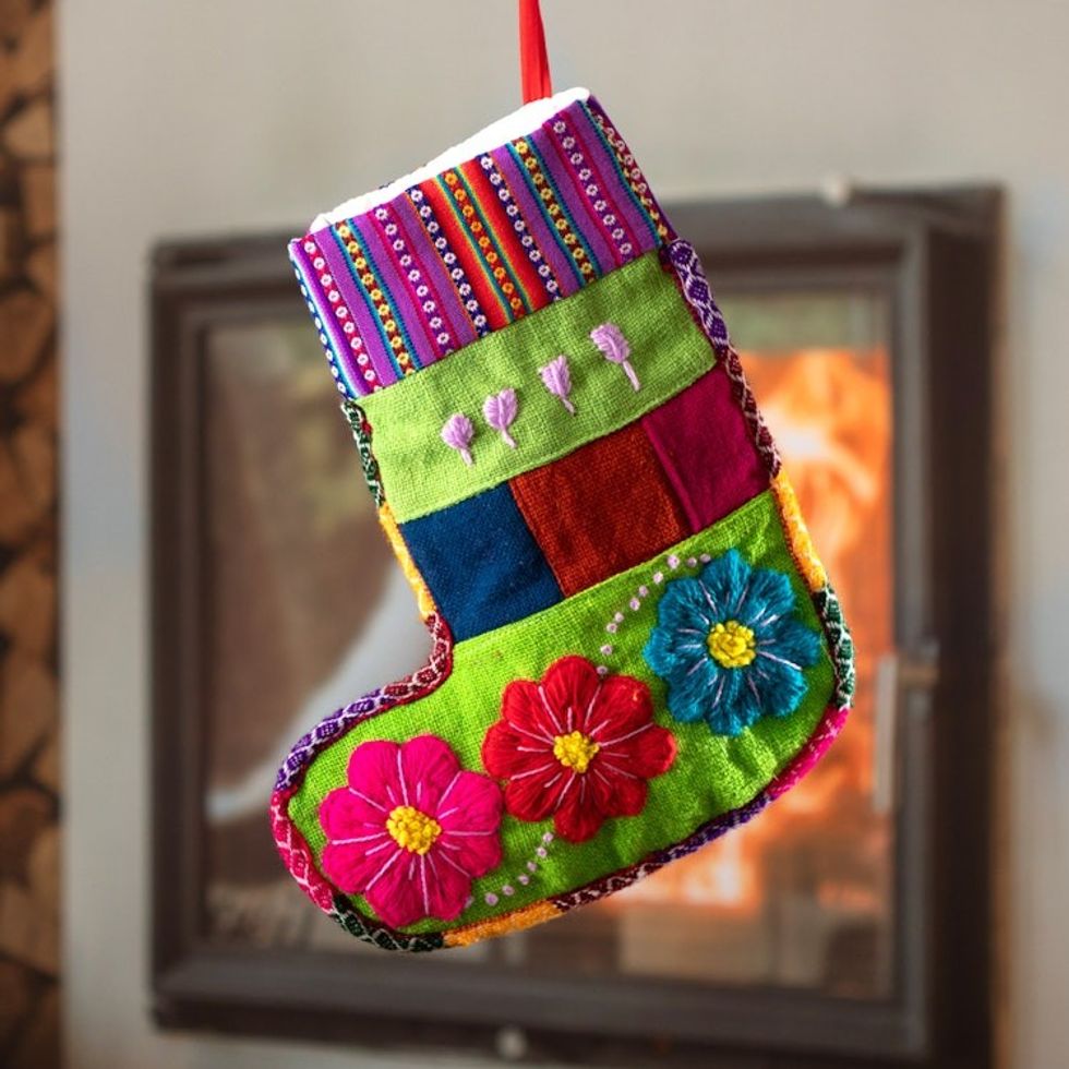 Handcrafted Green Christmas Stocking with Andean Details 'Christmas Winds'