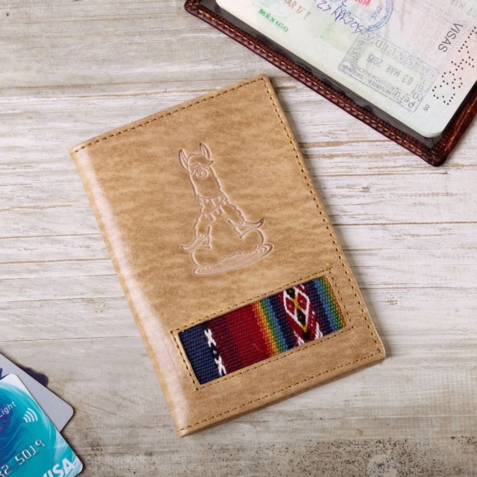 Handcrafted Llama Leather Passport Cover with Andean Textile 'Introspective Llama'