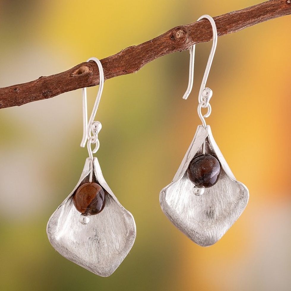 Modern Tiger's Eye Silver Abstract Leaf Dangle Earrings 'Sunset Echoes'