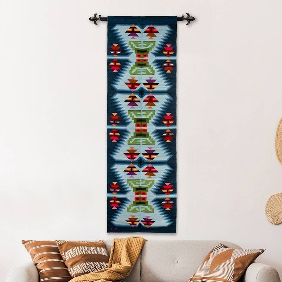 Geometric Frog and Fish-Themed Handloomed Wool Tapestry 'Fish and Frogs'