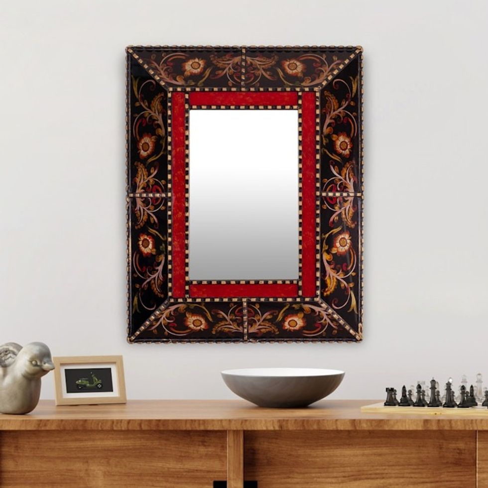Reverse Painted Glass Wall Mirror with Floral Leaf Motifs 'Autumn Flowers'