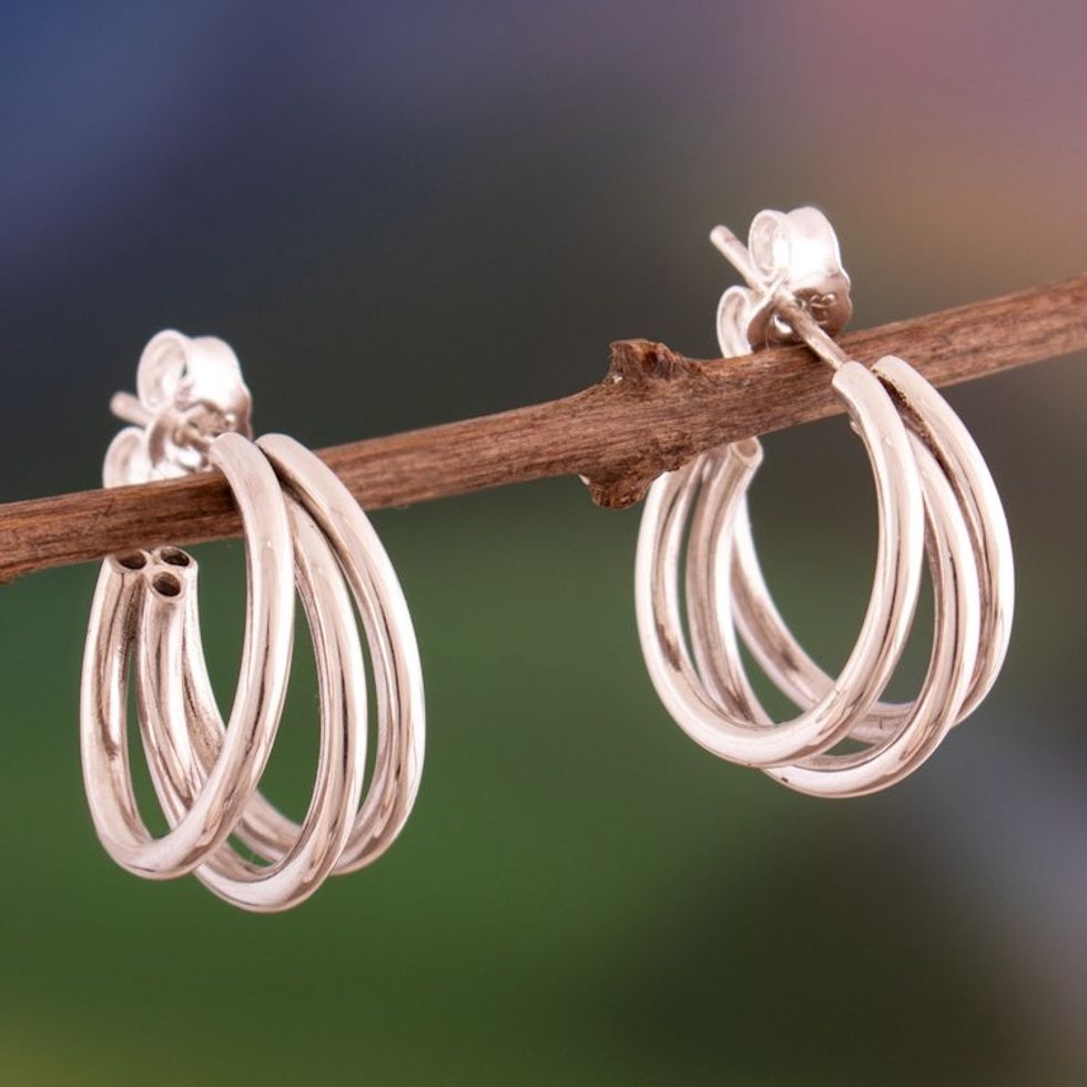 Three-Strand Polished Sterling Silver Half-Hoop Earrings 'Trendy Triad'