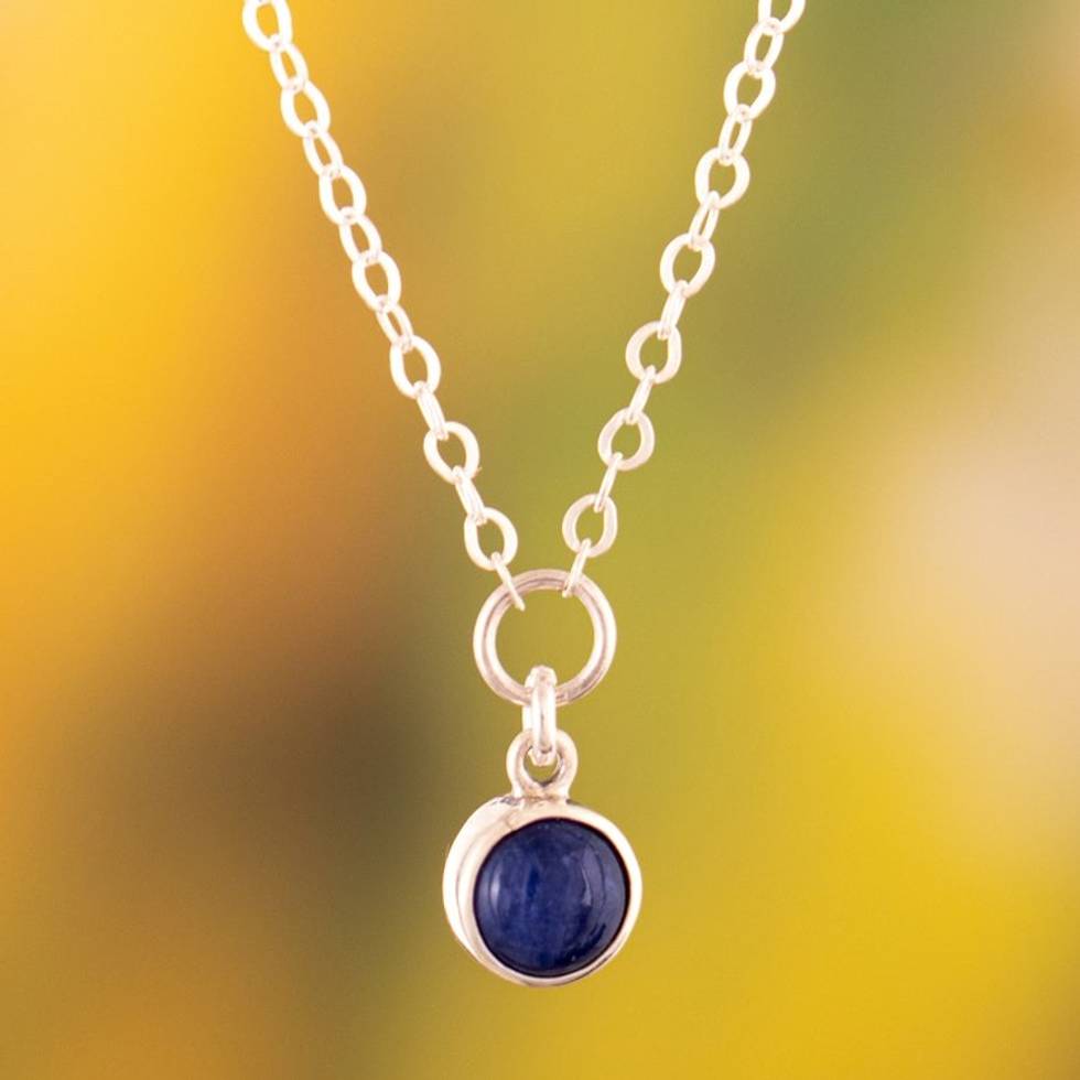 Silver Pendant Necklace with Natural Cabochon Sodalite Stone 'Marine Glow'