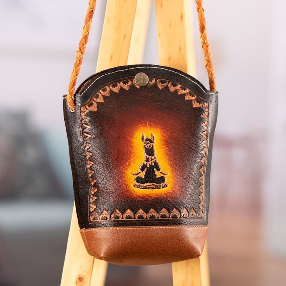 Llama-Themed Brown and Red Leather Sling from Peru 'Andean Adventures'