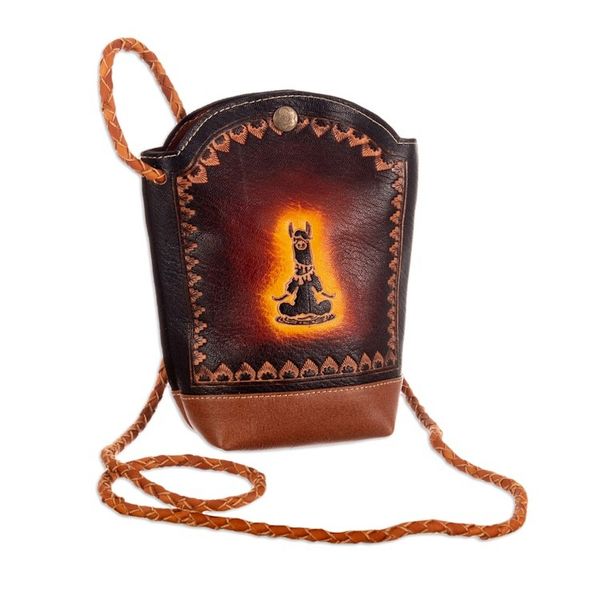Alternate image for Llama-Themed Brown and Red Leather Sling from Peru Andean Adventures