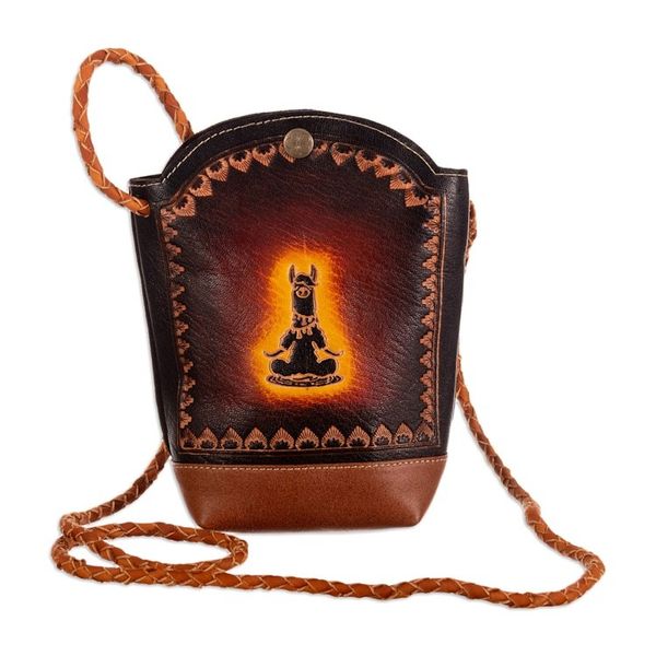 Alternate image for Llama-Themed Brown and Red Leather Sling from Peru Andean Adventures