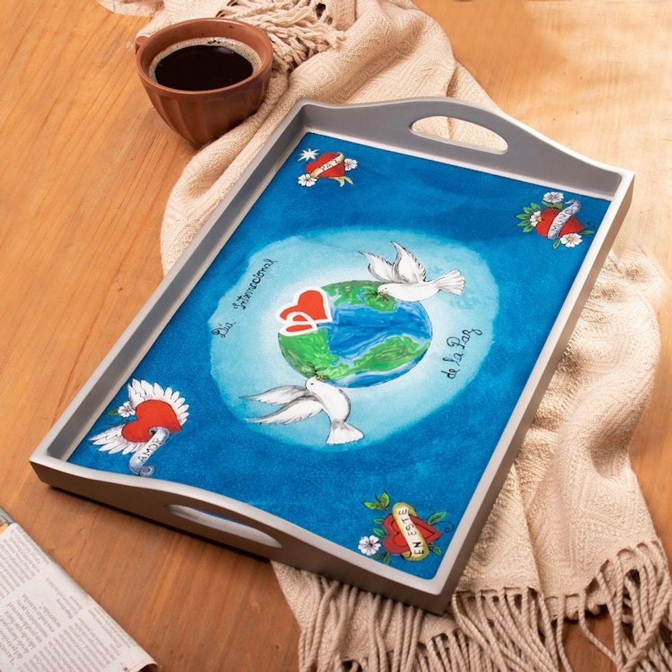 Handcrafted Peace Reverse-Painted Glass Tray in Blue 'Peaceful Creation'