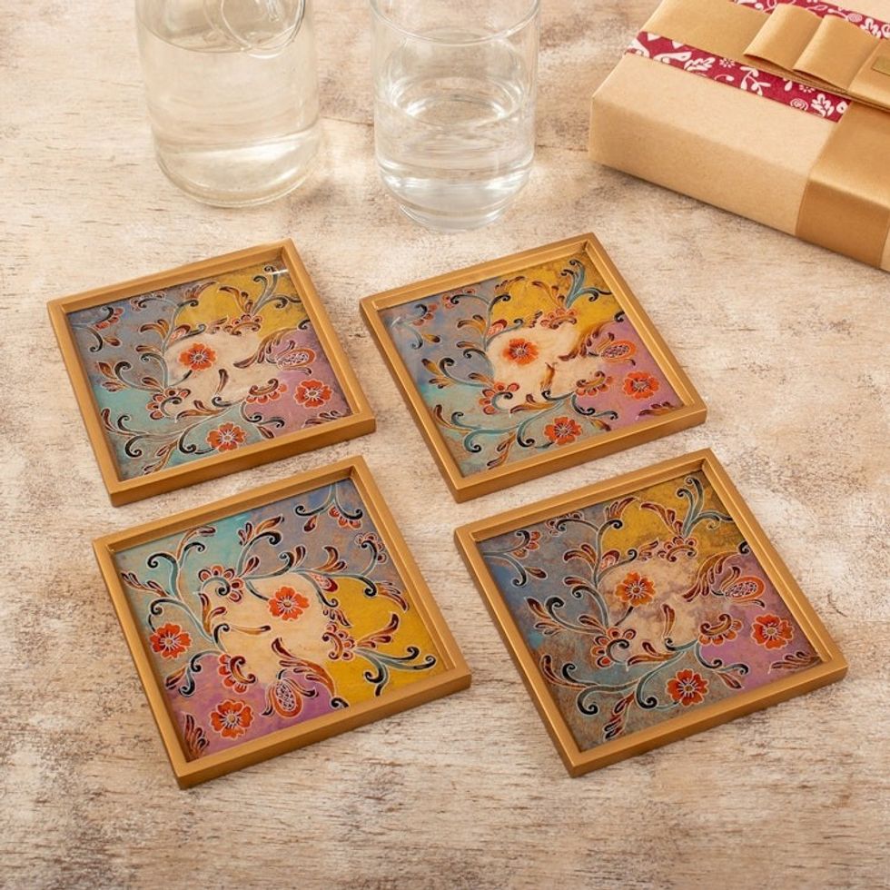 Floral Colorful Reverse Painted Glass Coasters Set of 4 'Margarita Joy'