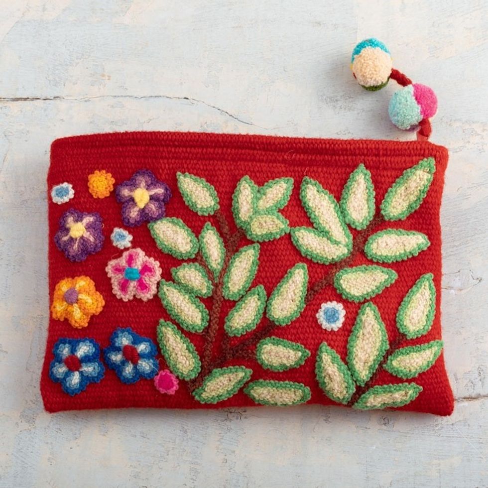 Leafy and Floral Red Cosmetic Bag Handcrafted from Alpaca 'Leafy Vitality'
