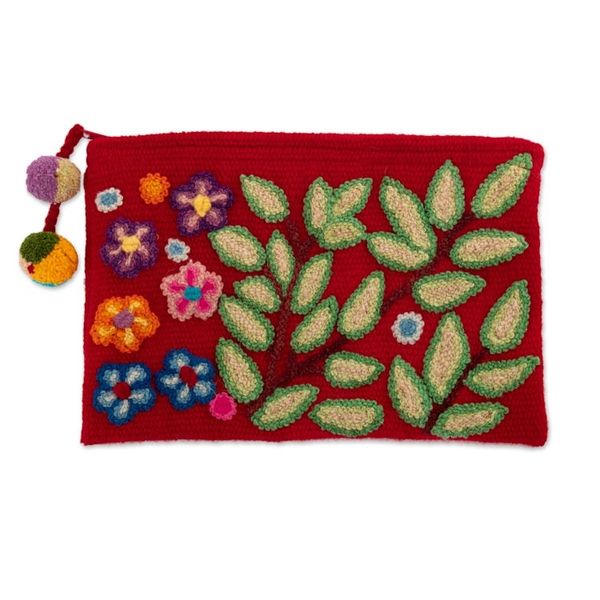 Alternate image for Leafy and Floral Red Cosmetic Bag Handcrafted from Alpaca Leafy Vitality