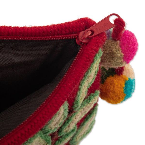 Alternate image for Leafy and Floral Red Cosmetic Bag Handcrafted from Alpaca Leafy Vitality