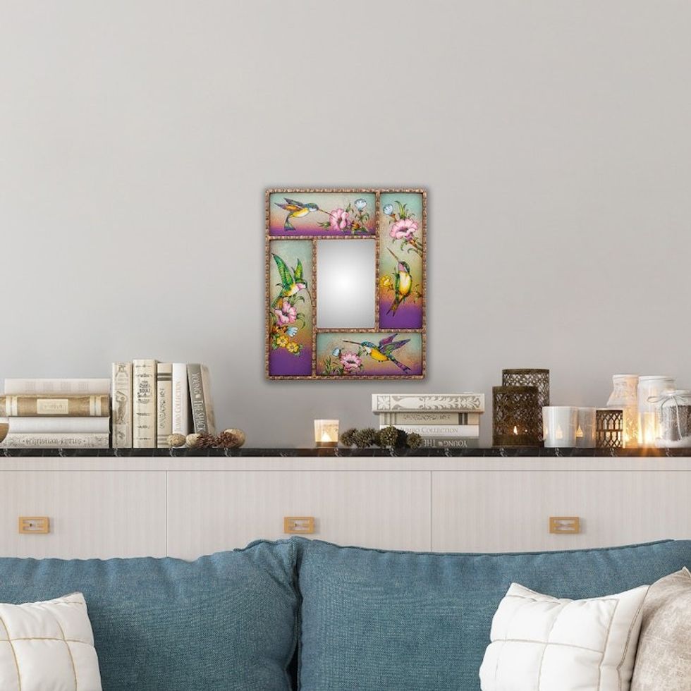 Hummingbird-Themed Reverse-Painted Glass Wall Accent Mirror 'Dance of the Winds'