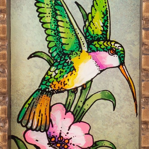 Alternate image for Hummingbird-Themed Reverse-Painted Glass Wall Accent Mirror Dance of the Winds