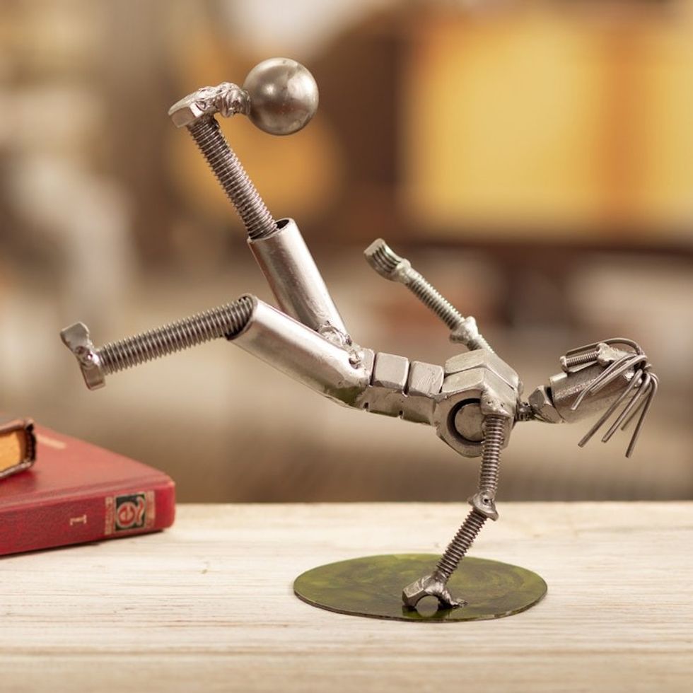 Recycled Auto Part Sculpture of A Soccer Player from Peru 'Soccer Star'