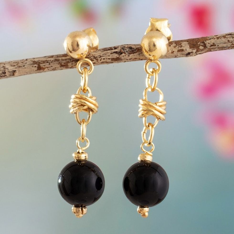 18k Gold-Plated and Obsidian Dangle Earrings from Peru 'Deep Elegance'