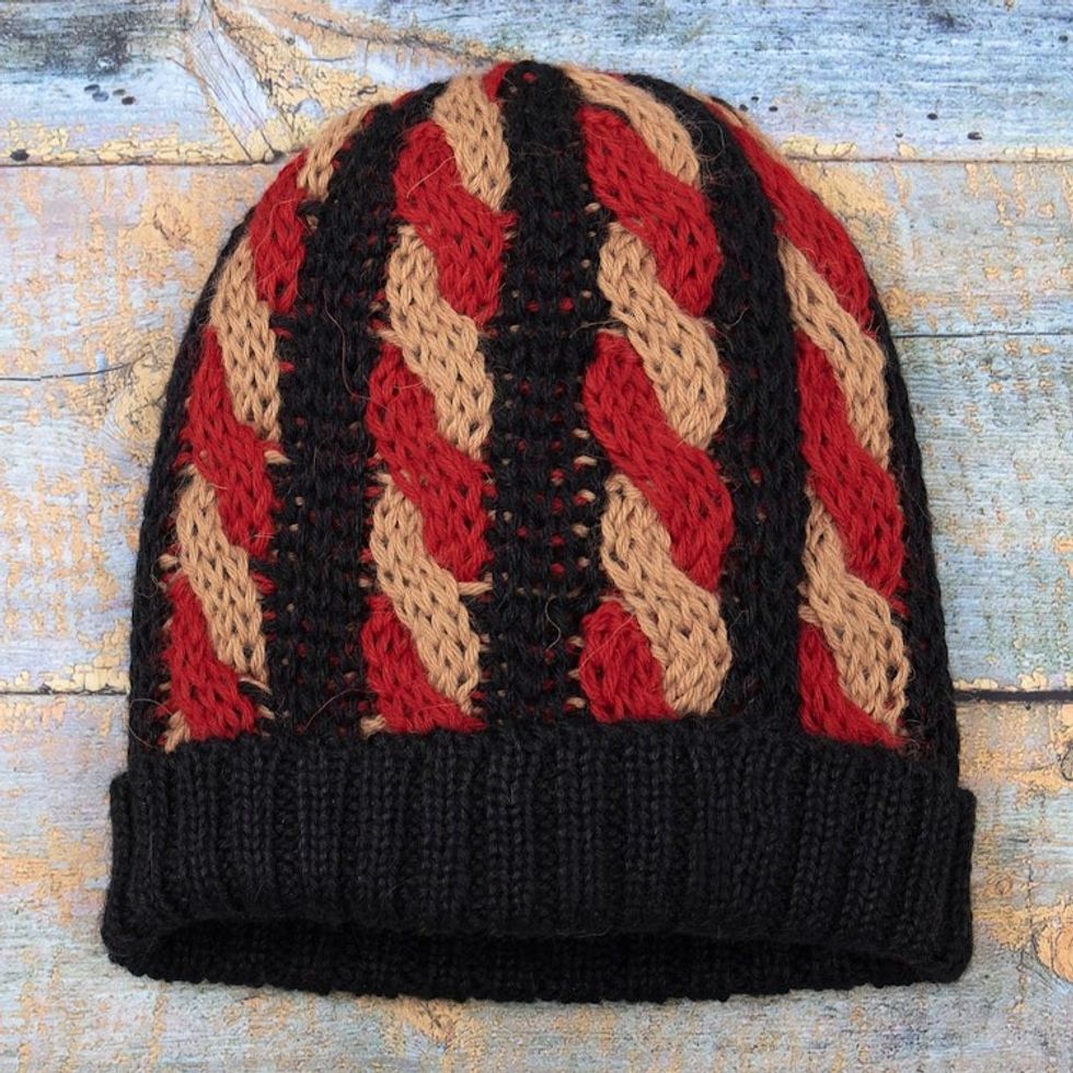 Cable Knit Alpaca Blend Hat in Black and Red Hues 'Braided Red'