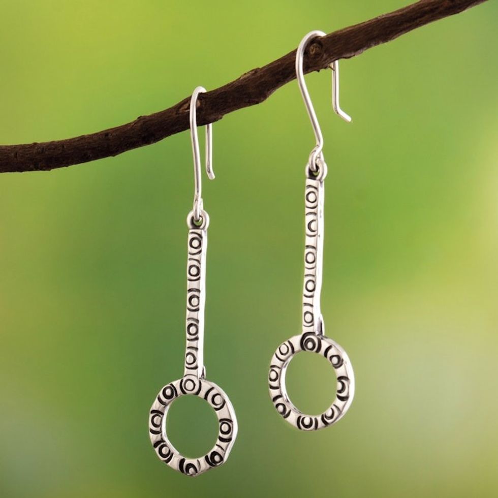 Silver Peruvian Moche Culture-Themed Dangle Earrings 'Enchanted Circles'