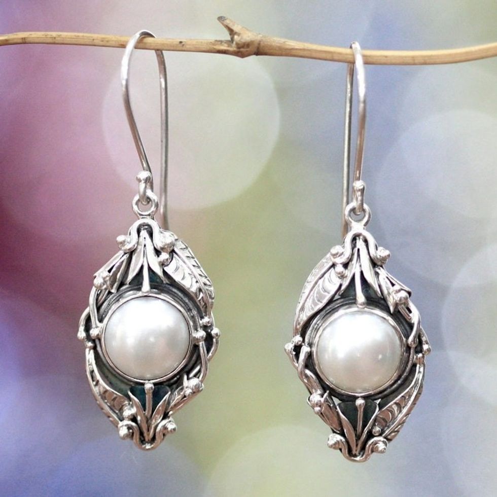 Unique Pearl and Sterling Silver Dangle Earrings 'Nest of Lilies'