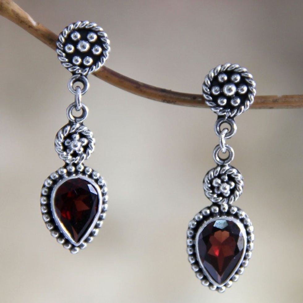 Hand Made Sterling Silver and Garnet Dangle Earrings 'Balinese Jackfruit'