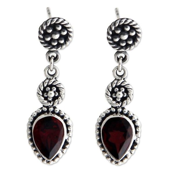 Alternate image for Hand Made Sterling Silver and Garnet Dangle Earrings Balinese Jackfruit