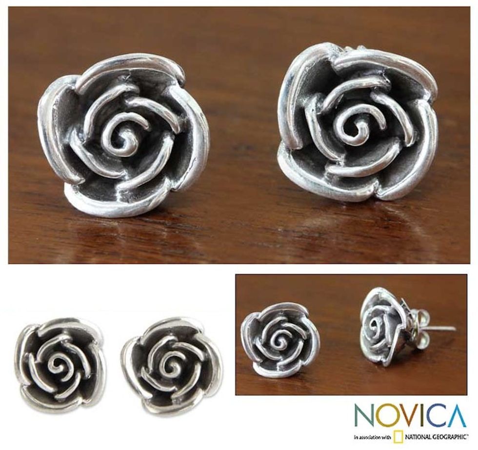 Fair Trade Sterling Silver Button Earrings 'Sweetheart Rose'