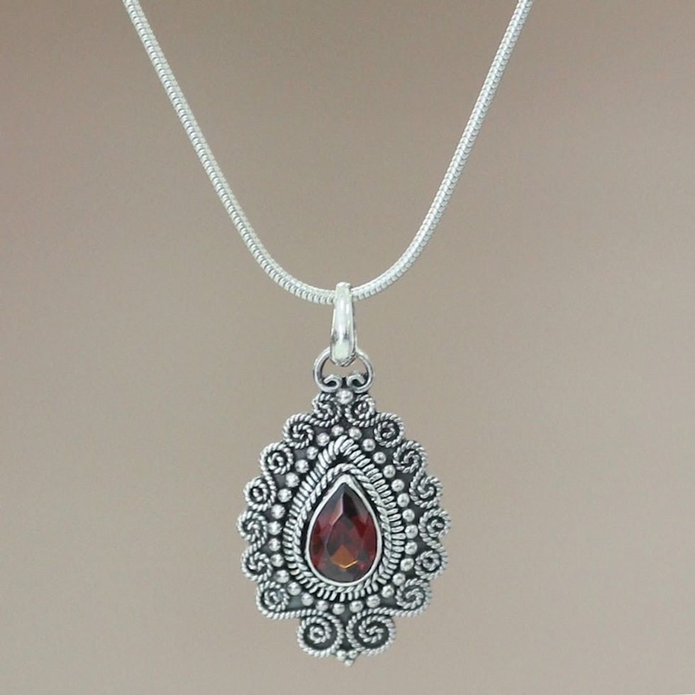 Handcrafted Sterling Silver and Garnet Pendant Necklace 'Queen of Bali'