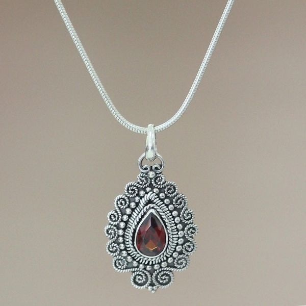 Alternate image for Handcrafted Sterling Silver and Garnet Pendant Necklace Queen of Bali