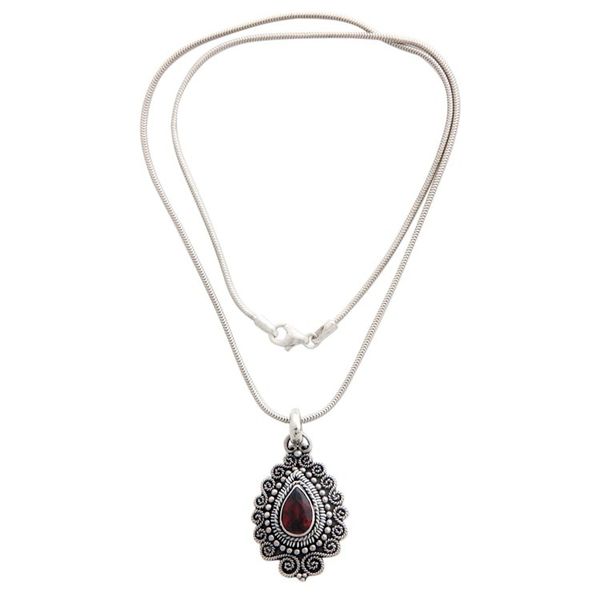 Alternate image for Handcrafted Sterling Silver and Garnet Pendant Necklace Queen of Bali
