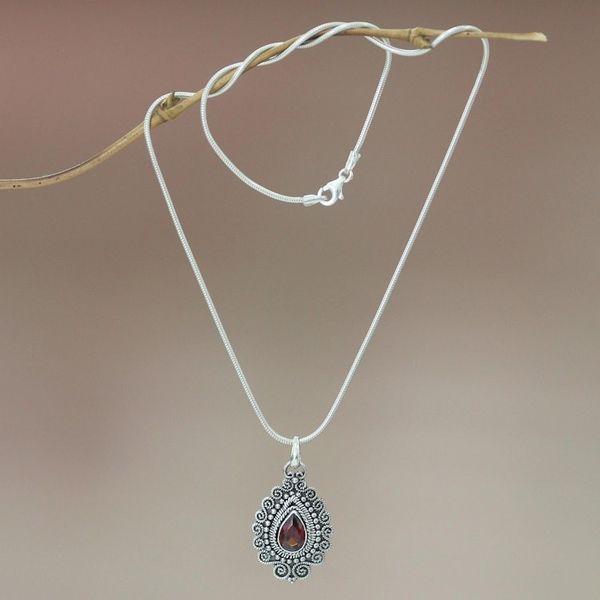 Alternate image for Handcrafted Sterling Silver and Garnet Pendant Necklace Queen of Bali