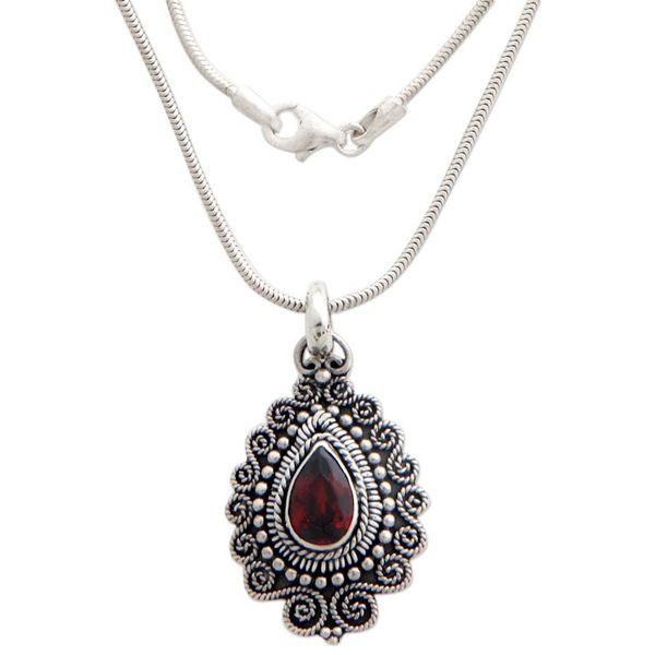 Alternate image for Handcrafted Sterling Silver and Garnet Pendant Necklace Queen of Bali