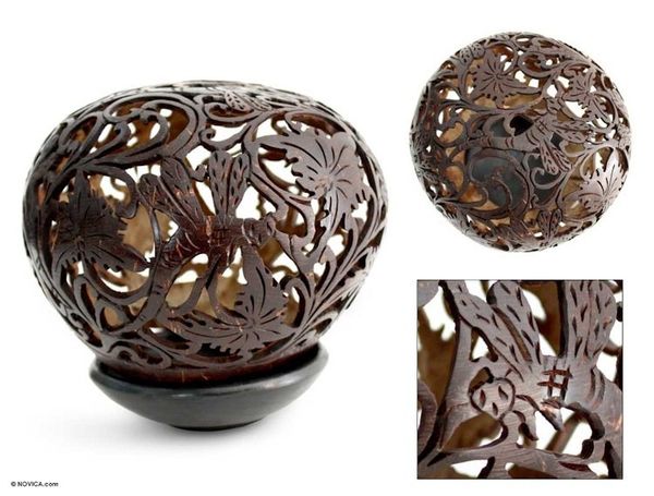 Alternate image for Coconut Shell Sculpture with Stand Dancing Dragonflies
